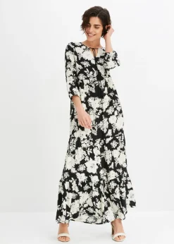 bonprix bonprix Vestido largo de viscosa fluida negro-crema con flores New