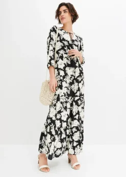 bonprix bonprix Vestido largo de viscosa fluida negro-crema con flores New