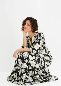bonprix bonprix Vestido largo de viscosa fluida negro-crema con flores New