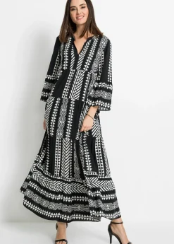 bonprix bonprix Vestido largo de viscosa fluida Negro-Blanco lana con estampado gráfico Discount