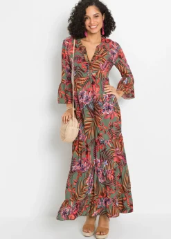 bonprix bonprix Vestido largo de viscosa fluida Negro-verde de flores Online