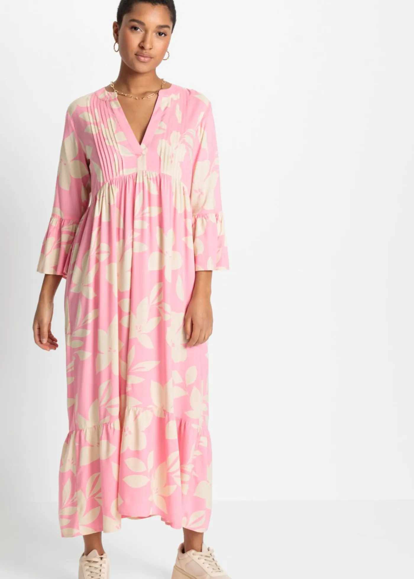 bonprix bonprix Vestido largo de viscosa fluida rosa brillante-arena claro con flores Online