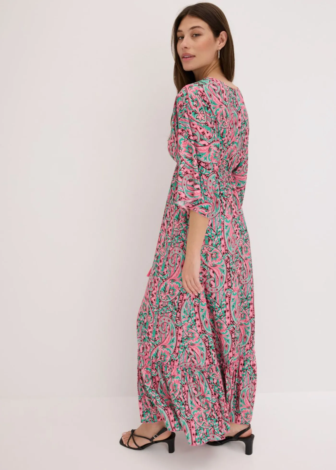 bonprix bonprix Vestido largo estampado de viscosa fluida rosa caliente/turquesa Sale