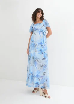 bonprix bonprix Vestido largo premamá de malla delicada azul pálido con flores Online