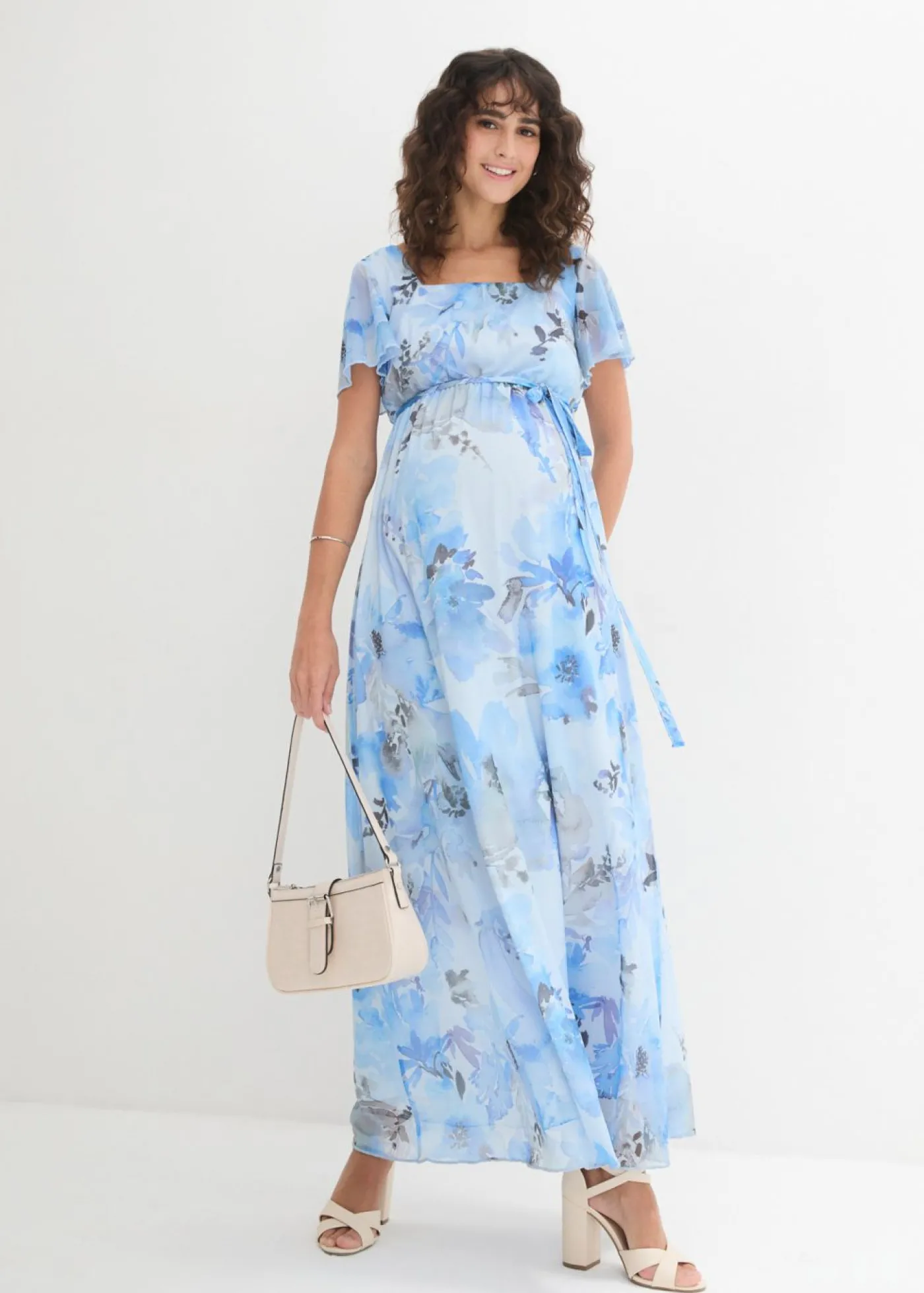 bonprix bonprix Vestido largo premamá de malla delicada azul pálido con flores Online