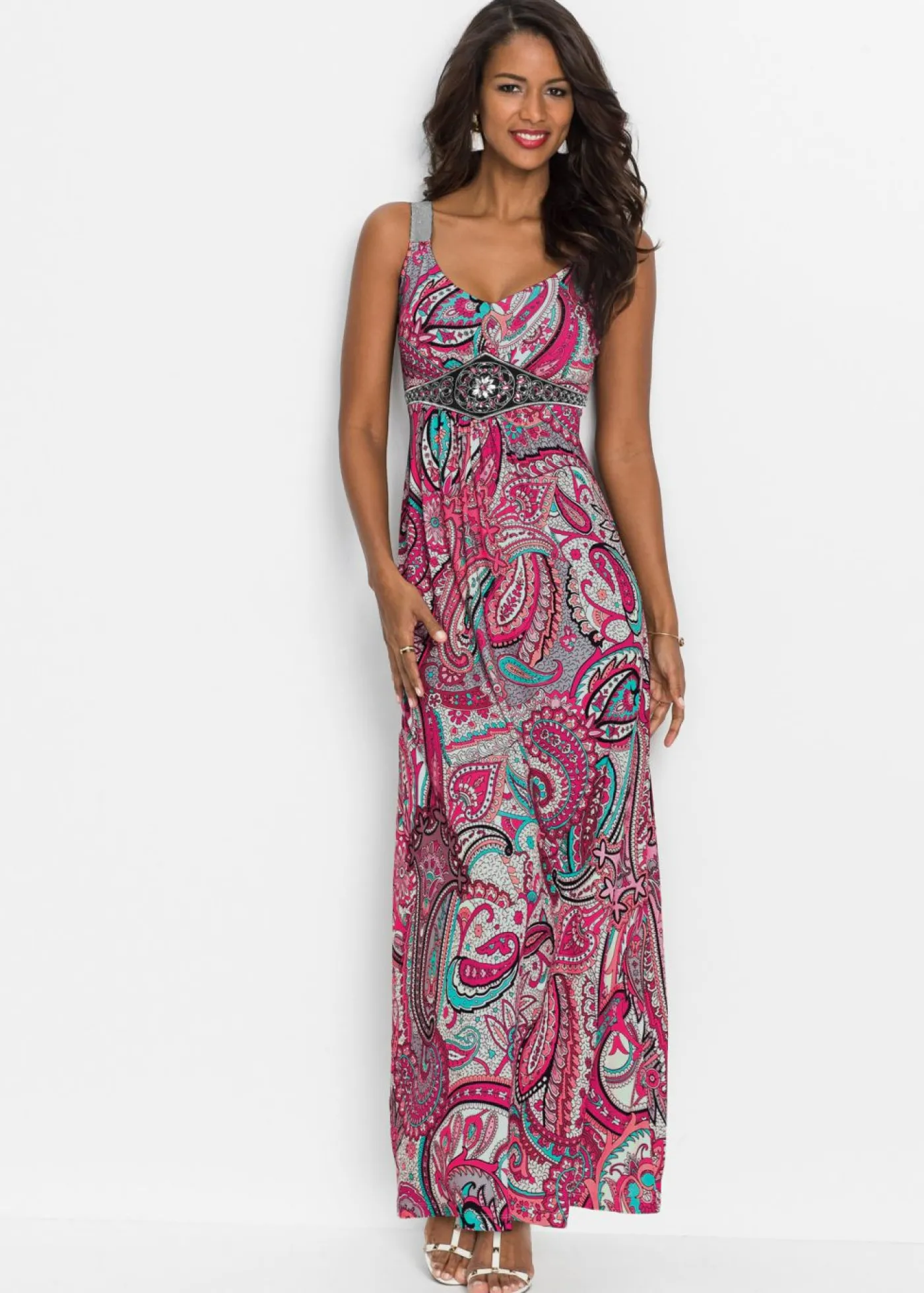 bonprix bonprix Vestido maxi con aplicaciones rosa caliente/turquesa New