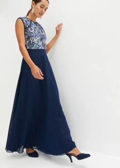 bonprix bonprix Vestido maxi con encaje Azul marino de flores Discount