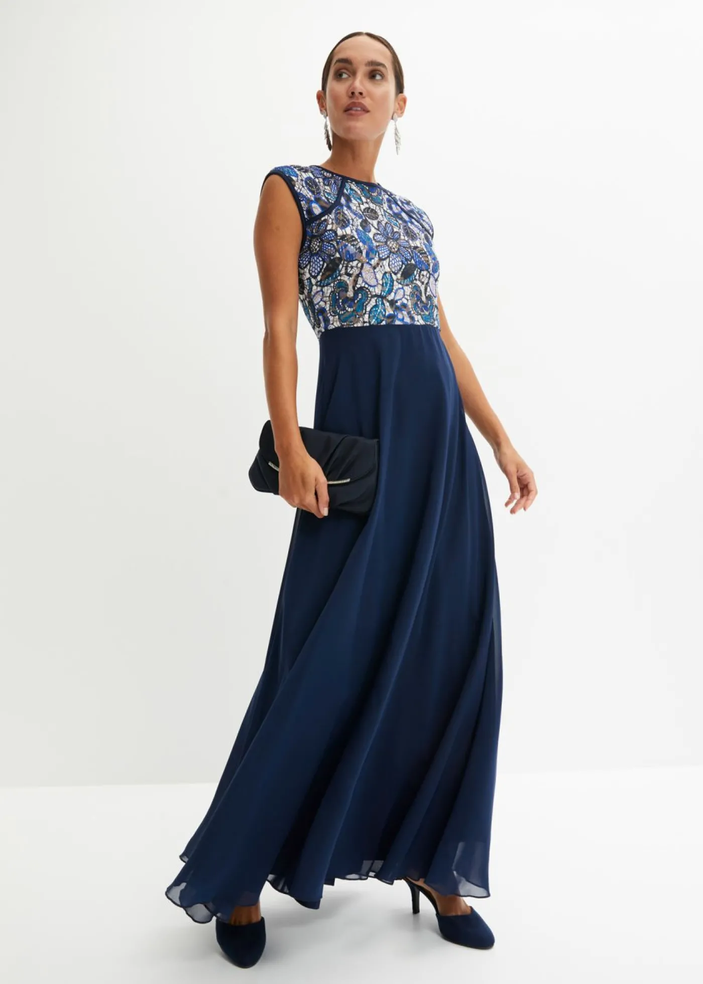 bonprix bonprix Vestido maxi con encaje Azul marino de flores Discount