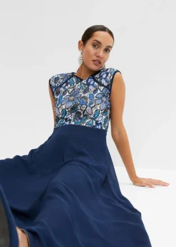 bonprix bonprix Vestido maxi con encaje Azul marino de flores Discount