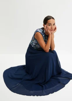 bonprix bonprix Vestido maxi con encaje Azul marino de flores Discount