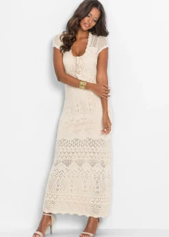 bonprix bonprix Vestido maxi de croché Crema