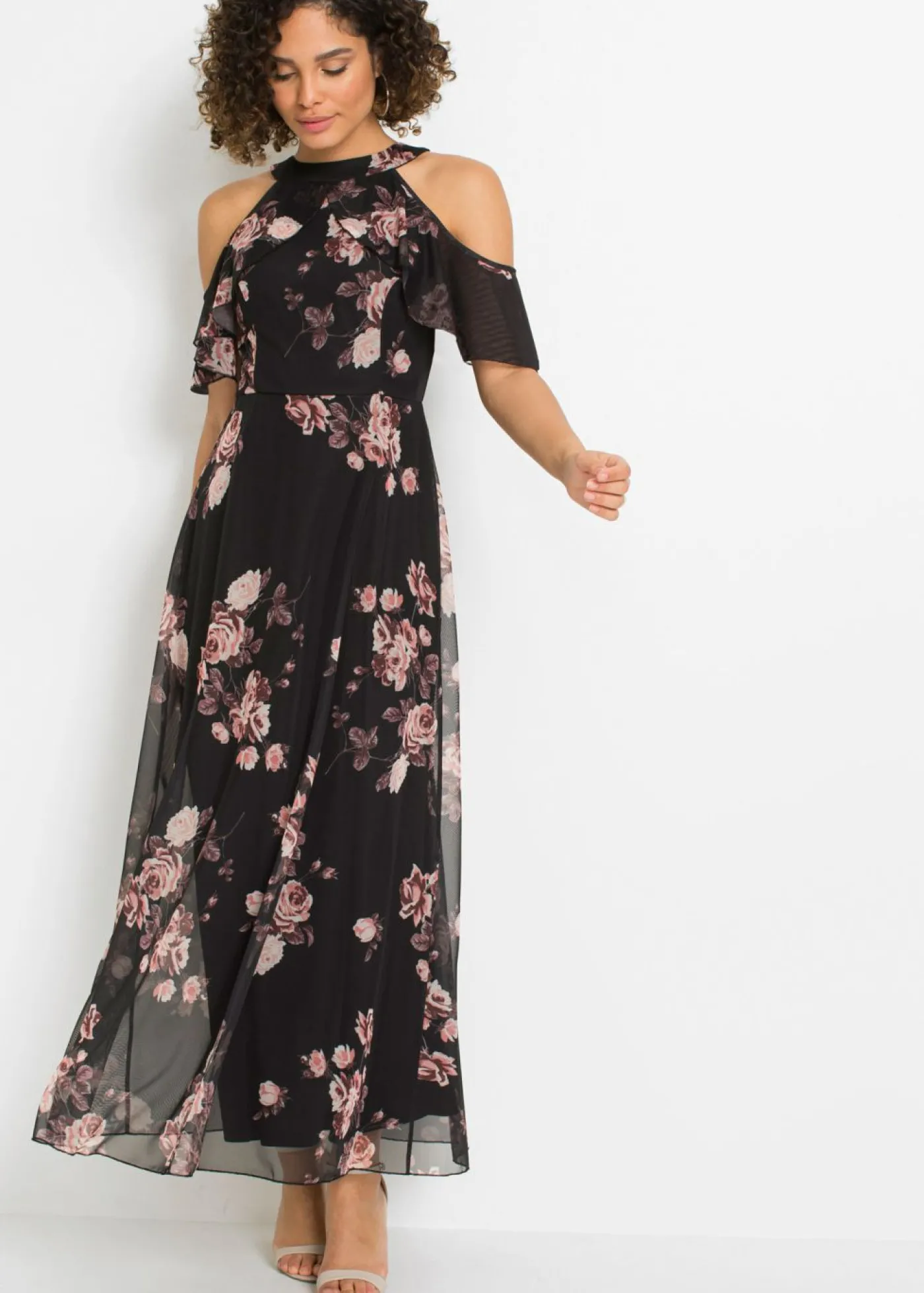 bonprix bonprix Vestido maxi de malla Negro con flores Hot