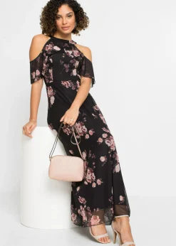 bonprix bonprix Vestido maxi de malla Negro con flores Hot
