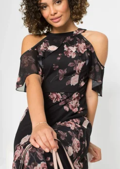 bonprix bonprix Vestido maxi de malla Negro con flores Hot