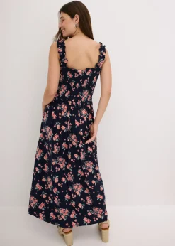 bonprix bonprix Vestido maxi de mezcla de viscosa fluida Azul marino de flores New