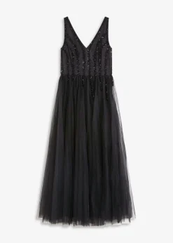 bonprix bonprix Vestido maxi de tul fino con bordado de lentejuelas Negro Hot