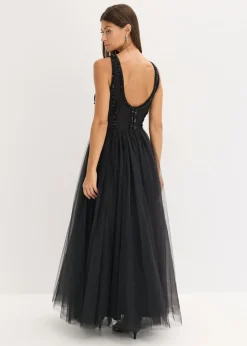 bonprix bonprix Vestido maxi de tul fino con bordado de lentejuelas Negro Hot