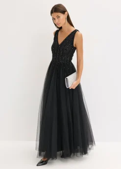bonprix bonprix Vestido maxi de tul fino con bordado de lentejuelas Negro Hot