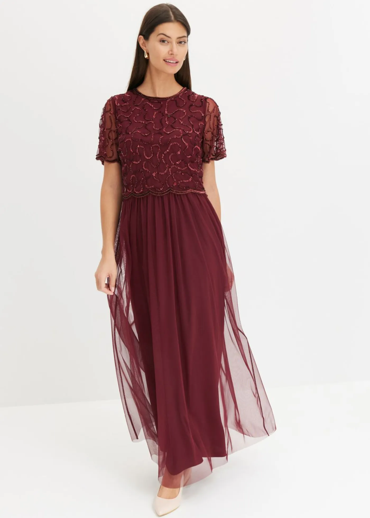 bonprix bonprix Vestido maxi de tul fino con bordado de lentejuelas Rojo oscuro Best