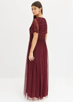 bonprix bonprix Vestido maxi de tul fino con bordado de lentejuelas Rojo oscuro Best