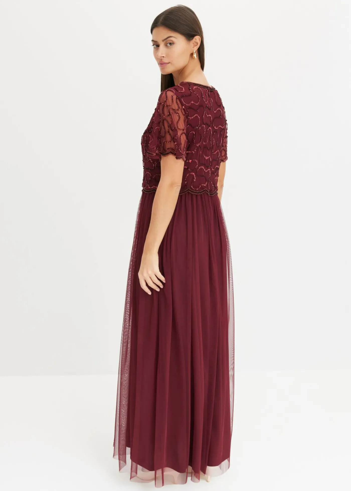 bonprix bonprix Vestido maxi de tul fino con bordado de lentejuelas Rojo oscuro Best