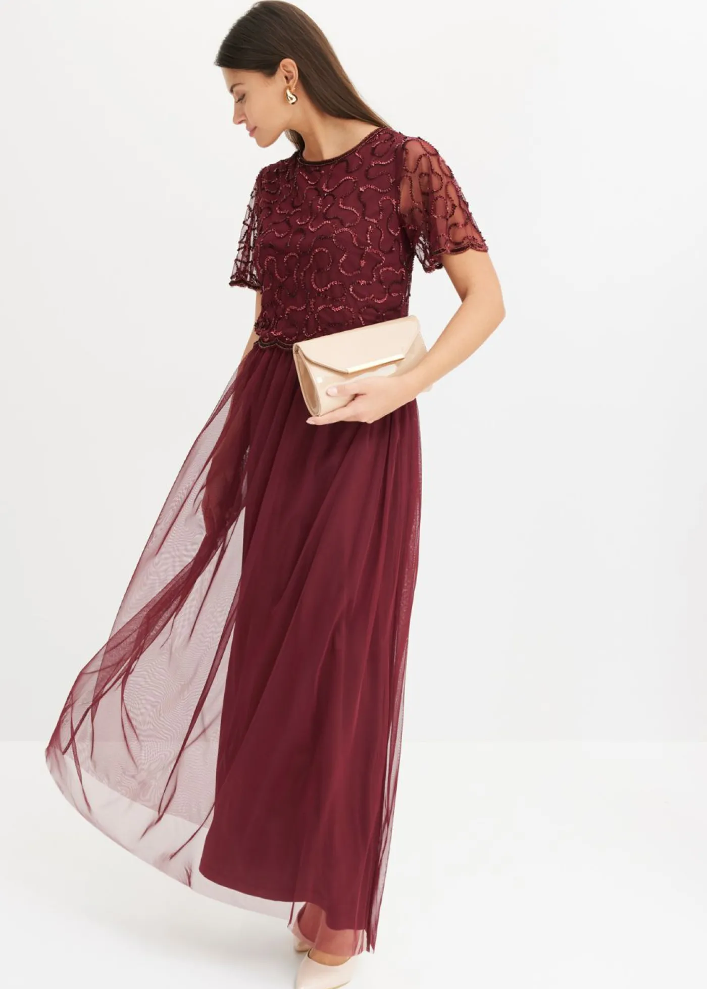 bonprix bonprix Vestido maxi de tul fino con bordado de lentejuelas Rojo oscuro Best