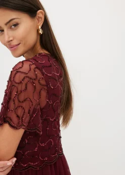 bonprix bonprix Vestido maxi de tul fino con bordado de lentejuelas Rojo oscuro Best