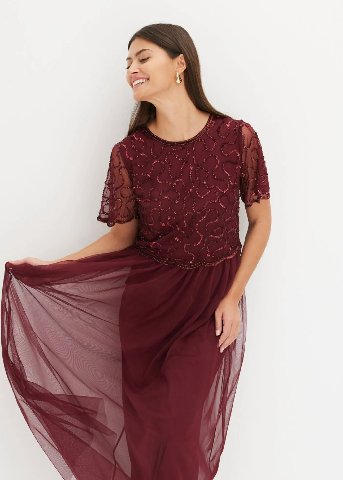 bonprix bonprix Vestido maxi de tul fino con bordado de lentejuelas Rojo oscuro Best