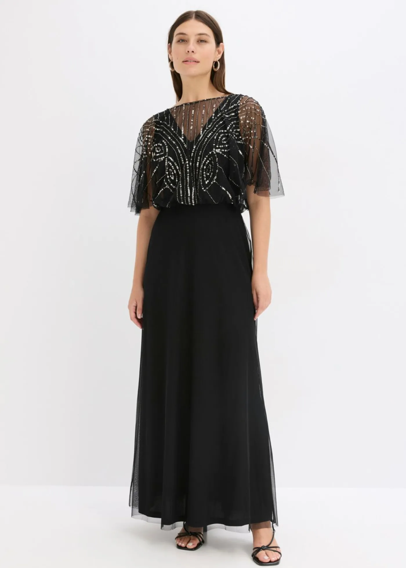 bonprix bonprix Vestido maxi de tul fino con bordado de lentejuelas Negro Online