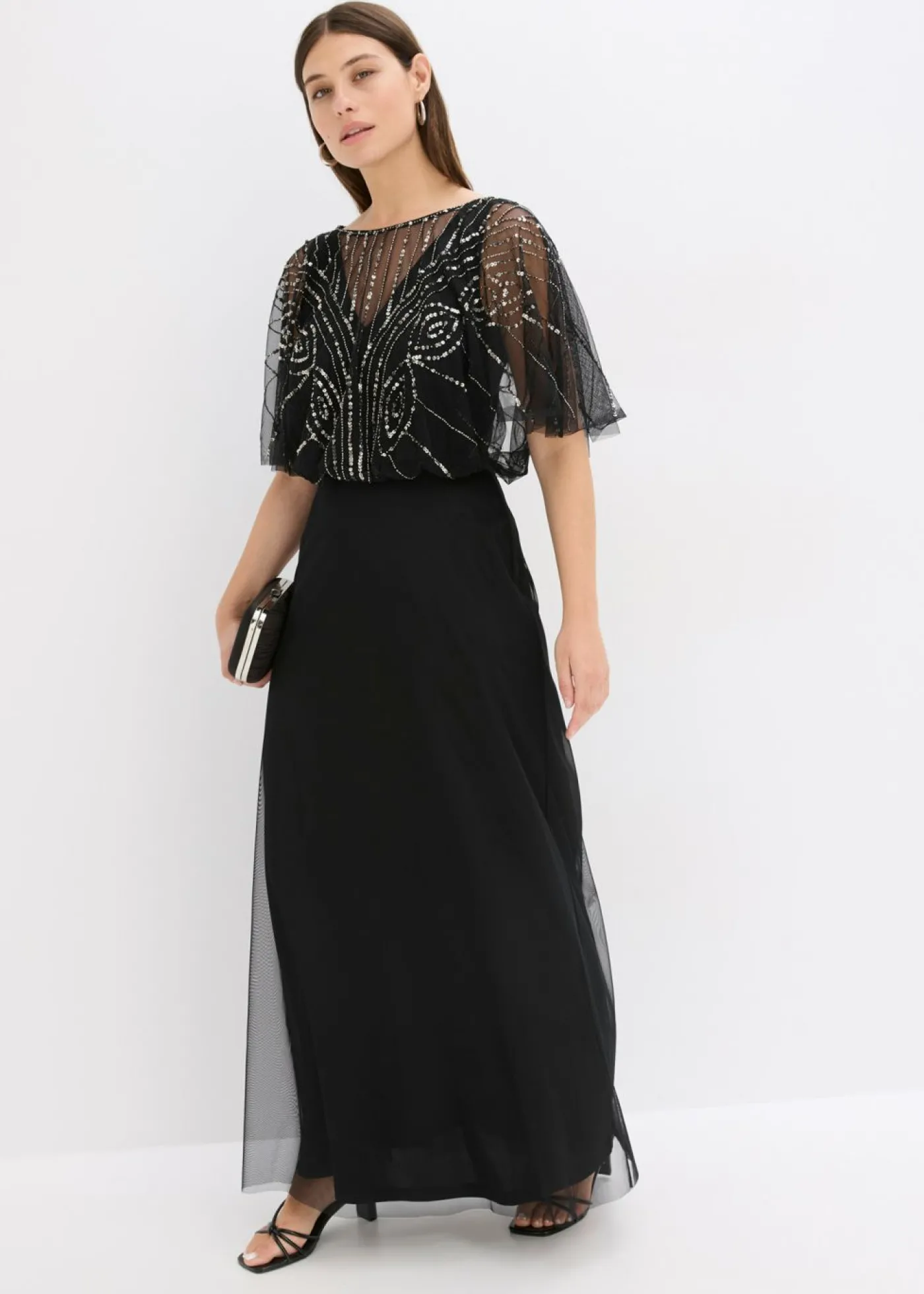 bonprix bonprix Vestido maxi de tul fino con bordado de lentejuelas Negro Online