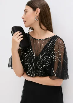 bonprix bonprix Vestido maxi de tul fino con bordado de lentejuelas Negro Online