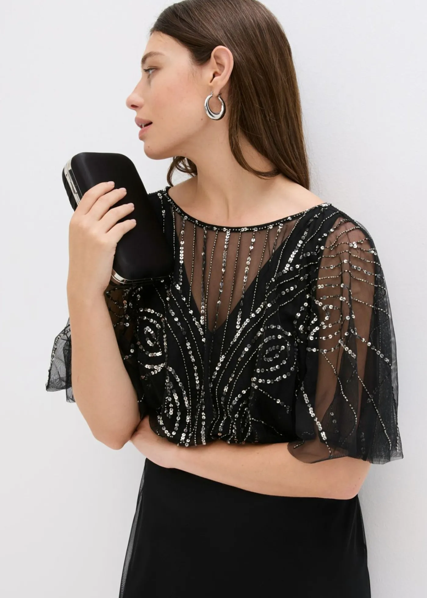 bonprix bonprix Vestido maxi de tul fino con bordado de lentejuelas Negro Online