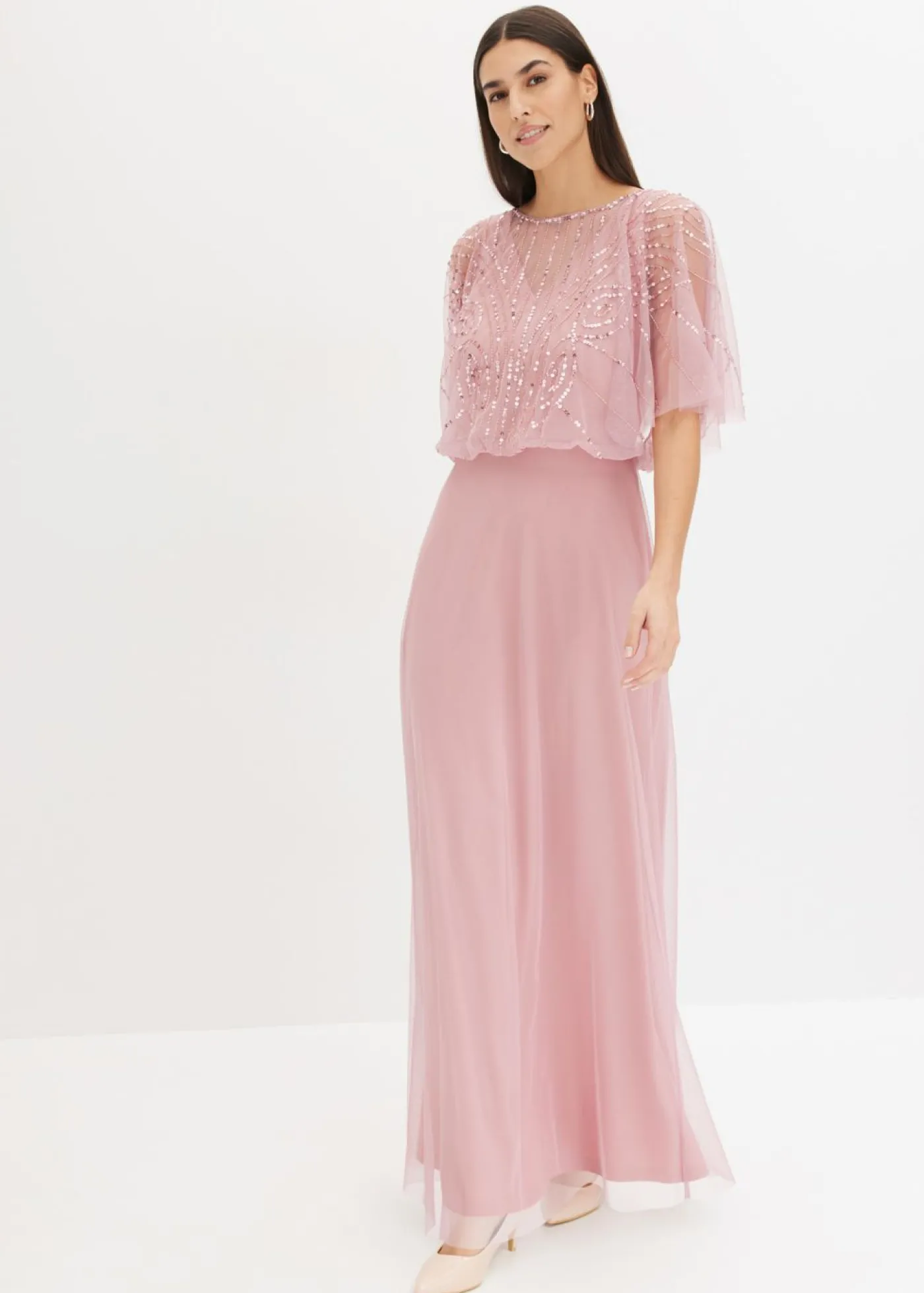 bonprix bonprix Vestido maxi de tul fino con bordado de lentejuelas Rosa Outlet