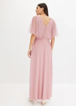 bonprix bonprix Vestido maxi de tul fino con bordado de lentejuelas Rosa Outlet