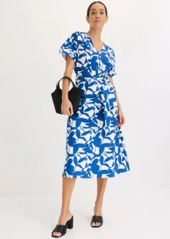 bonprix bonprix Vestido midi Azul ártico/blanco lana de flores New