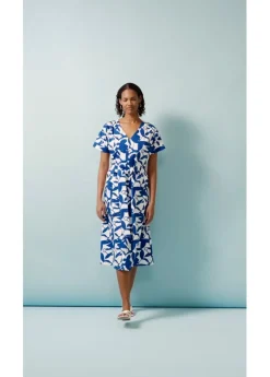 bonprix bonprix Vestido midi Azul ártico/blanco lana de flores New