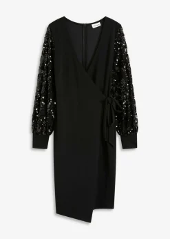 bonprix bonprix Vestido midi con bordado de lentejuelas en las mangas Negro Hot