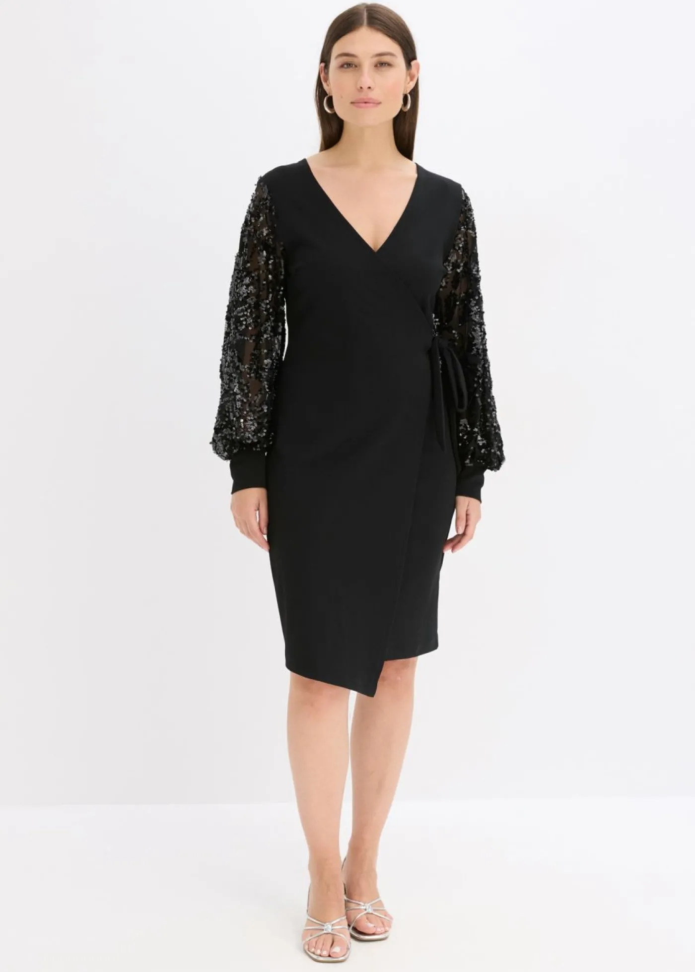 bonprix bonprix Vestido midi con bordado de lentejuelas en las mangas Negro Hot