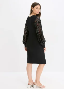 bonprix bonprix Vestido midi con bordado de lentejuelas en las mangas Negro Hot