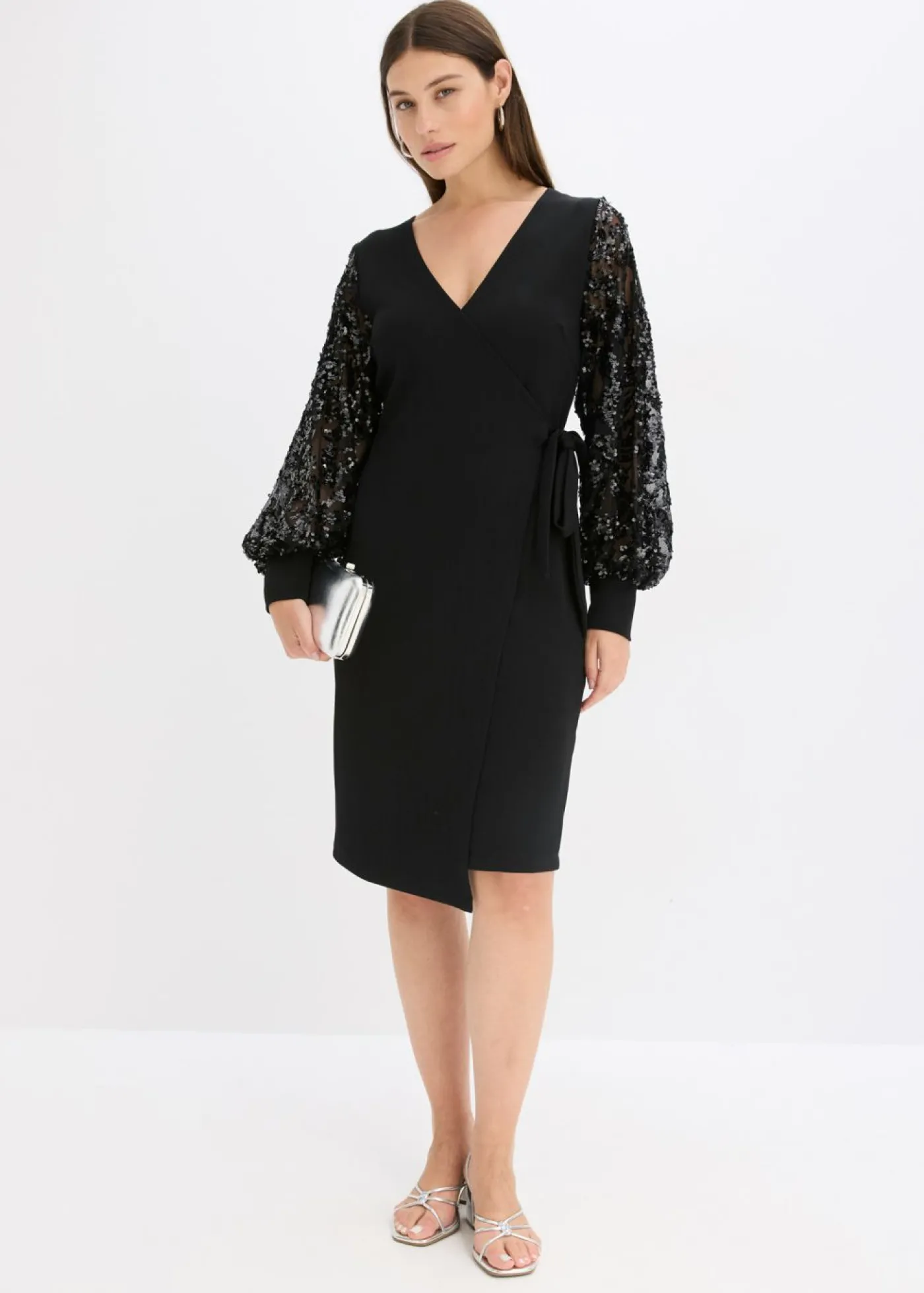 bonprix bonprix Vestido midi con bordado de lentejuelas en las mangas Negro Hot