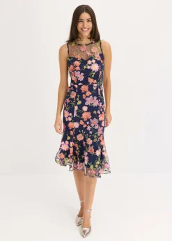 bonprix bonprix Vestido midi con bordado floral azul marino con flores Hot