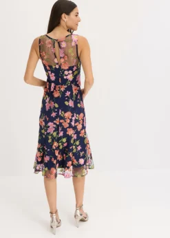 bonprix bonprix Vestido midi con bordado floral azul marino con flores Hot