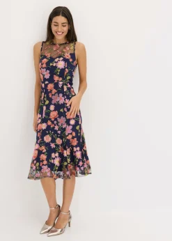 bonprix bonprix Vestido midi con bordado floral azul marino con flores Hot