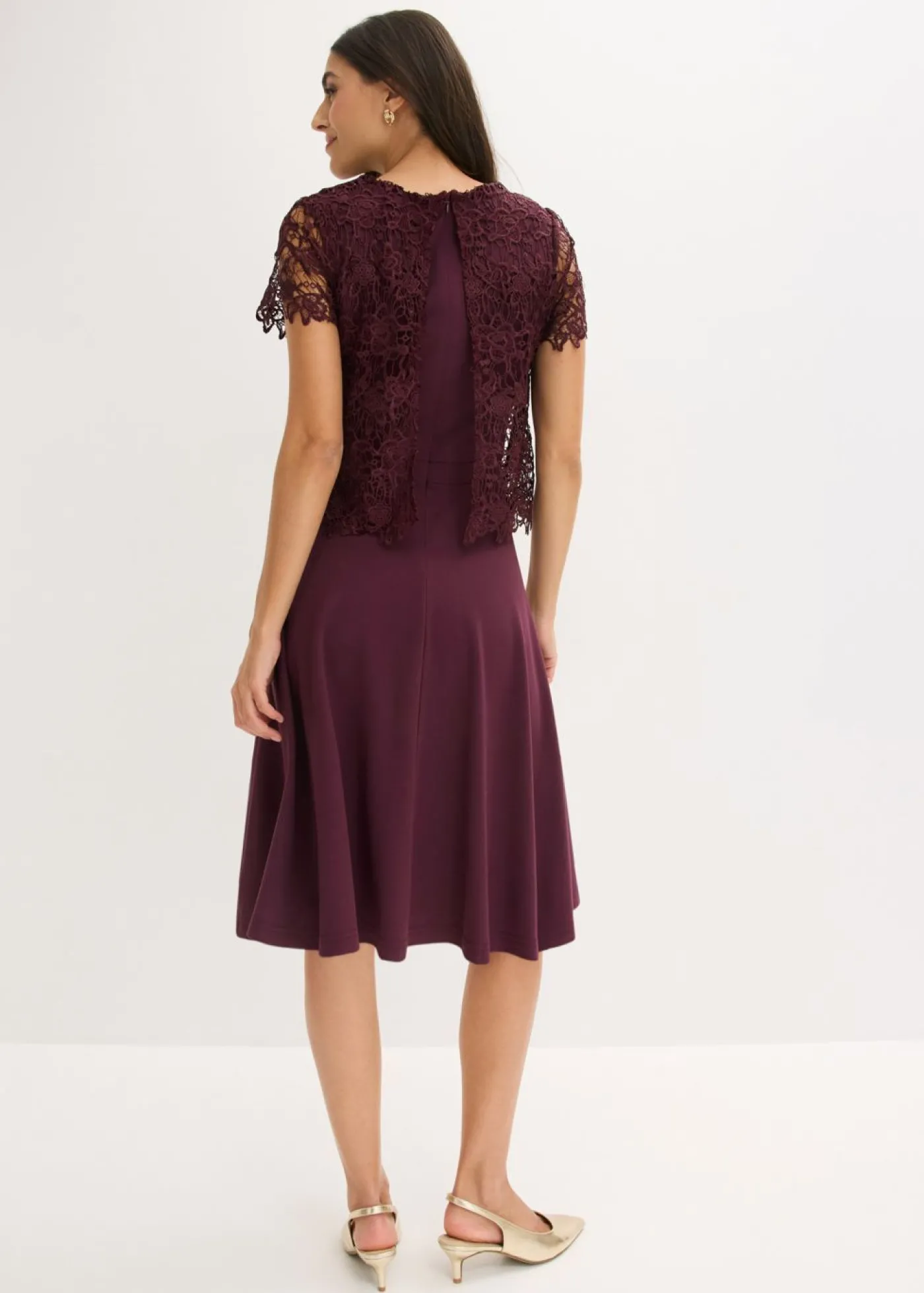bonprix bonprix Vestido midi con encaje rojo burdeos Sale