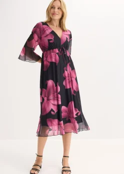 bonprix bonprix Vestido midi con escote pronunciado Negro-rosa Online