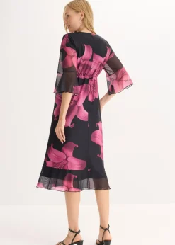 bonprix bonprix Vestido midi con escote pronunciado Negro-rosa Online