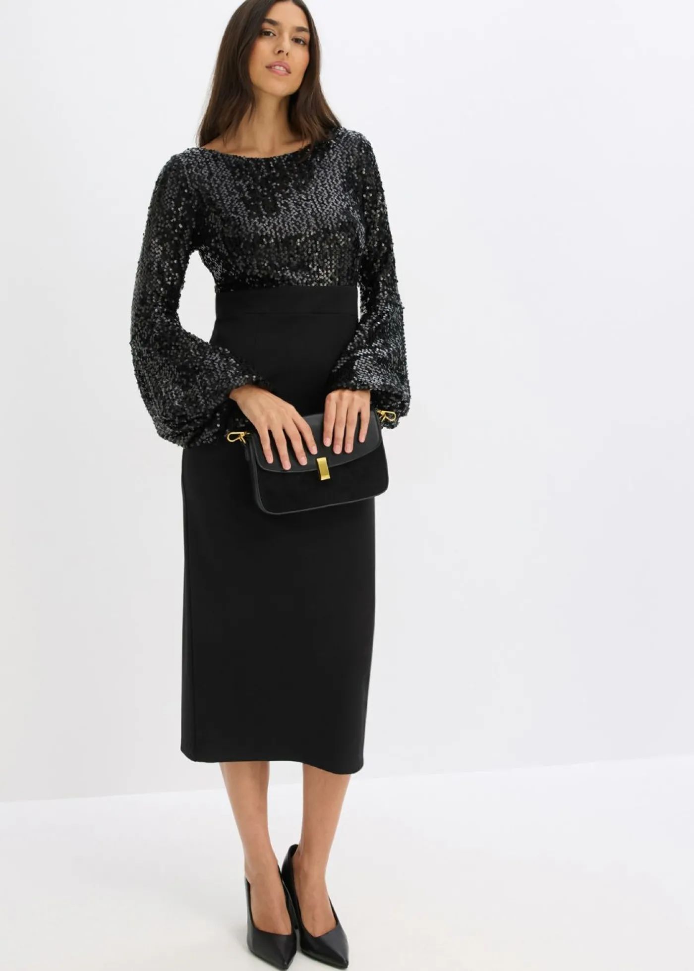 bonprix bonprix Vestido midi con lentejuelas Negro Discount