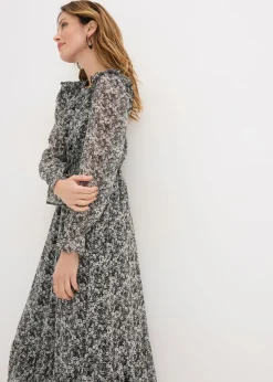 bonprix bonprix Vestido midi con volantes Negro-blanco de flores Online