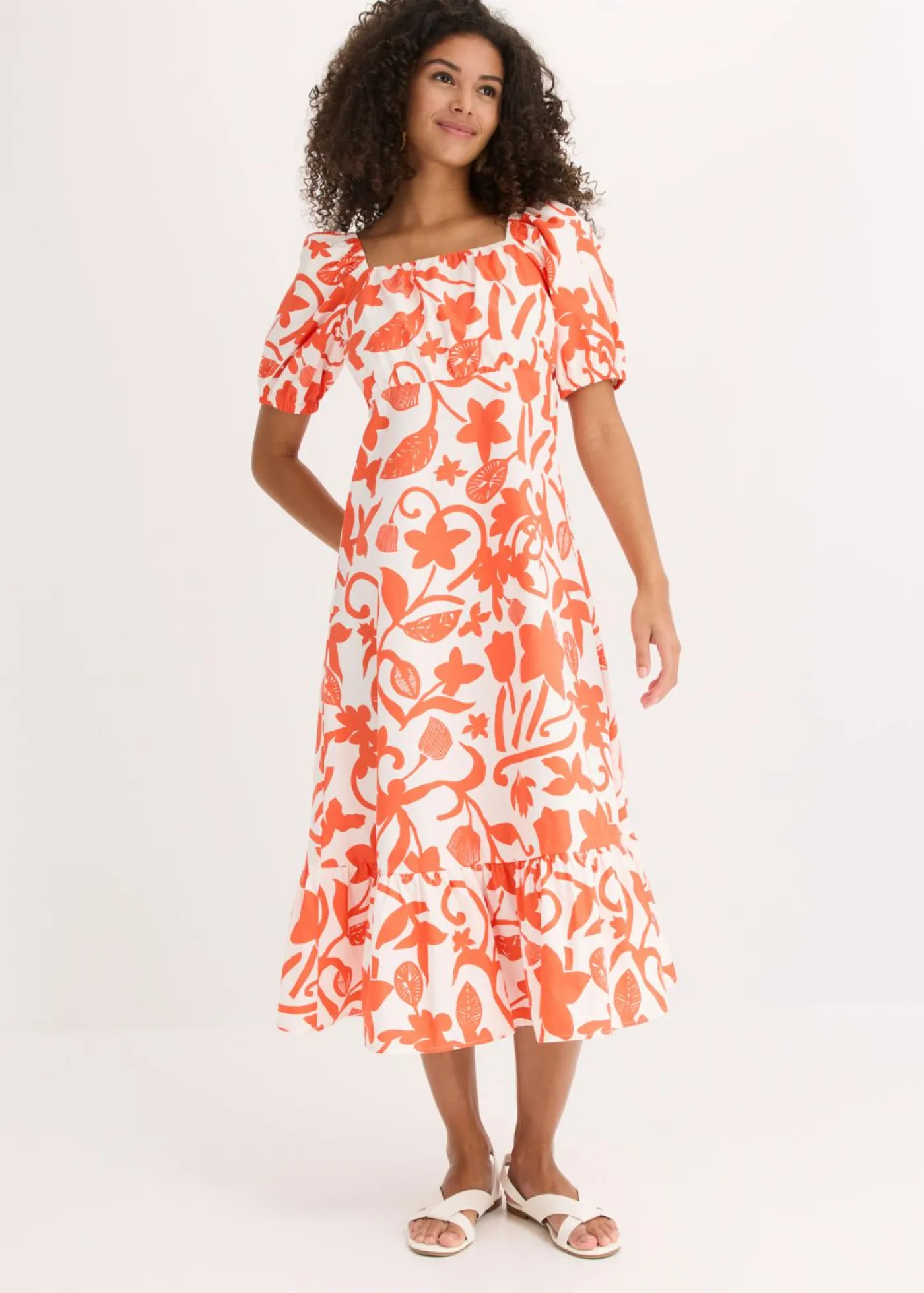 bonprix bonprix Vestido midi de algodón orgánico puro mango-blanco crema