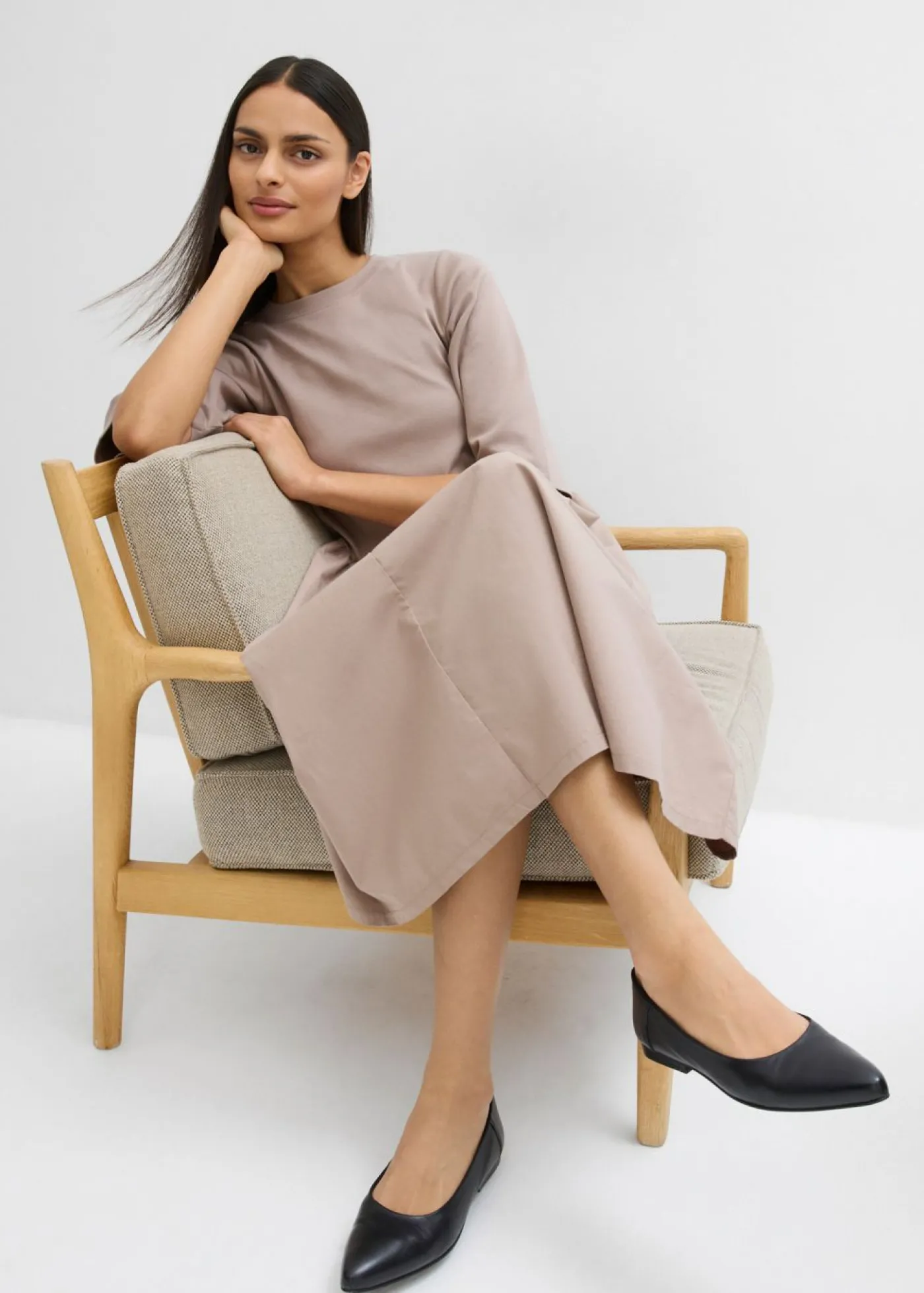 bonprix bonprix Vestido midi de algodón puro Marrón grisáceo Discount